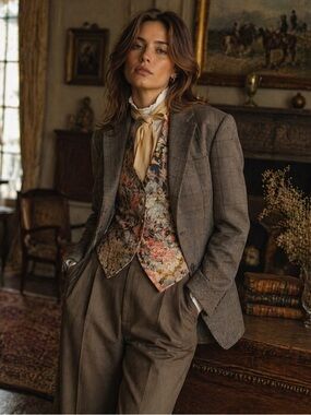 Vintage Oscar de la Renta Taupe Brown Glen Plaid Wool Cashmere Blazer, Size M